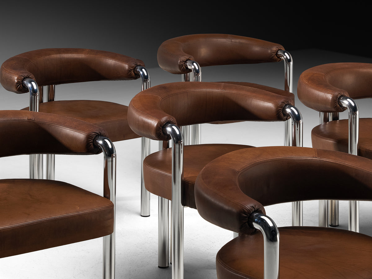 Nienkamper for De Sede Set of Eight Dining Chairs in Leather and Chromed Metal Seating Morentz