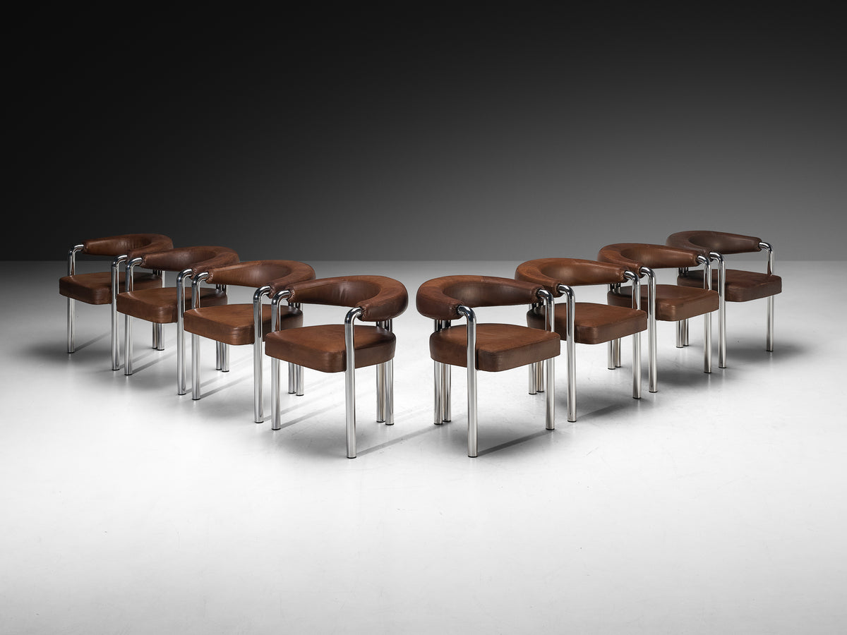 Nienkamper for De Sede Set of Eight Dining Chairs in Leather and Chromed Metal Seating Morentz