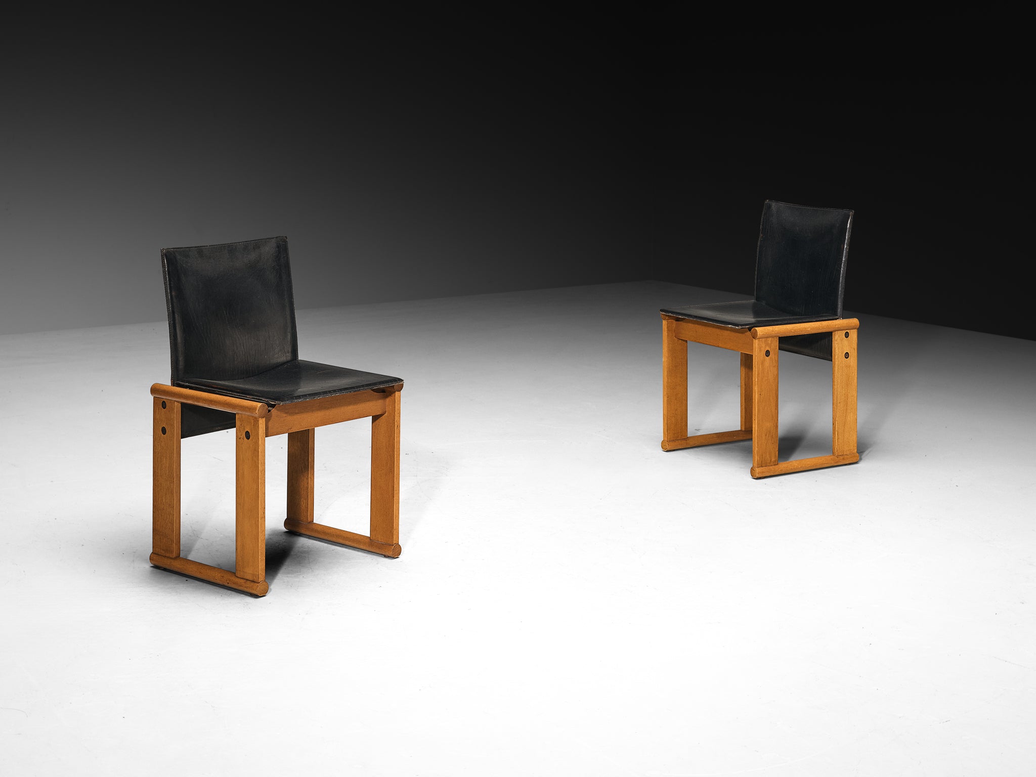 Afra & Tobia Scarpa Set of Four Dining Chairs in Walnut and Black Saddle Leather Seating Morentz