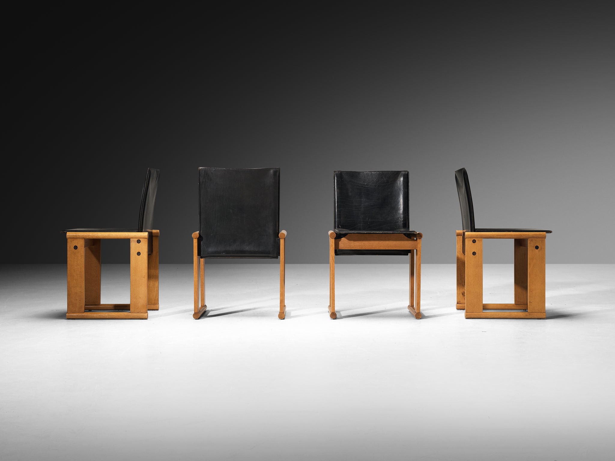 Afra & Tobia Scarpa Set of Four Dining Chairs in Walnut and Black Saddle Leather Seating Morentz