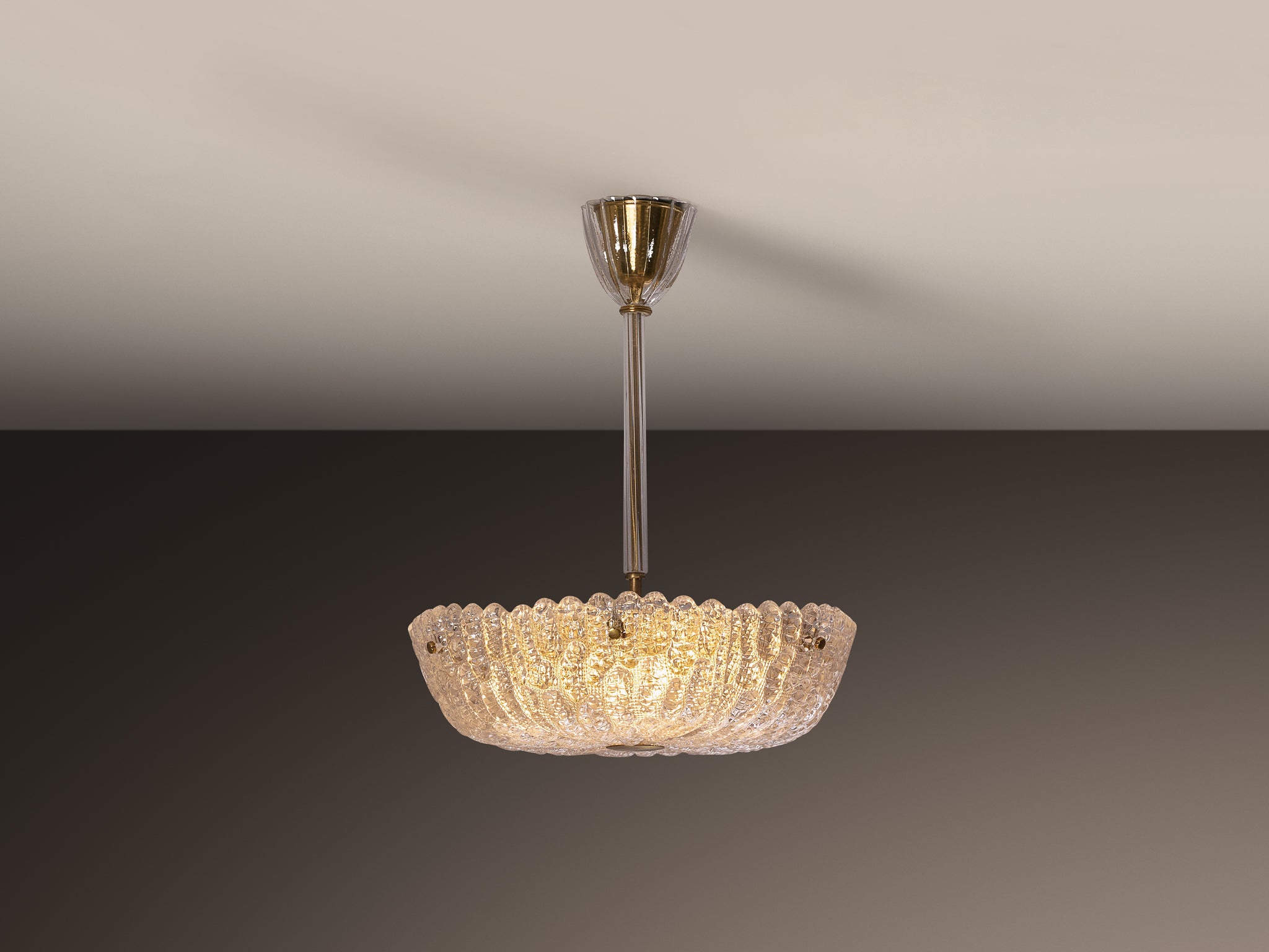 Carl Fagerlund for Orrefors Brass and Textured Glass Chandelier 1960s
