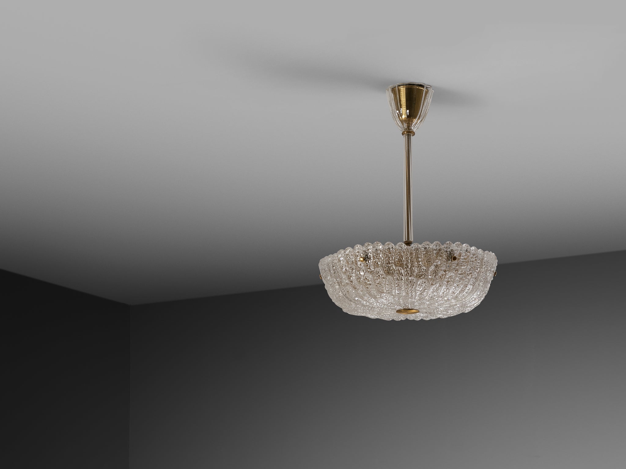 Carl Fagerlund for Orrefors Brass and Textured Glass Chandelier 1960s