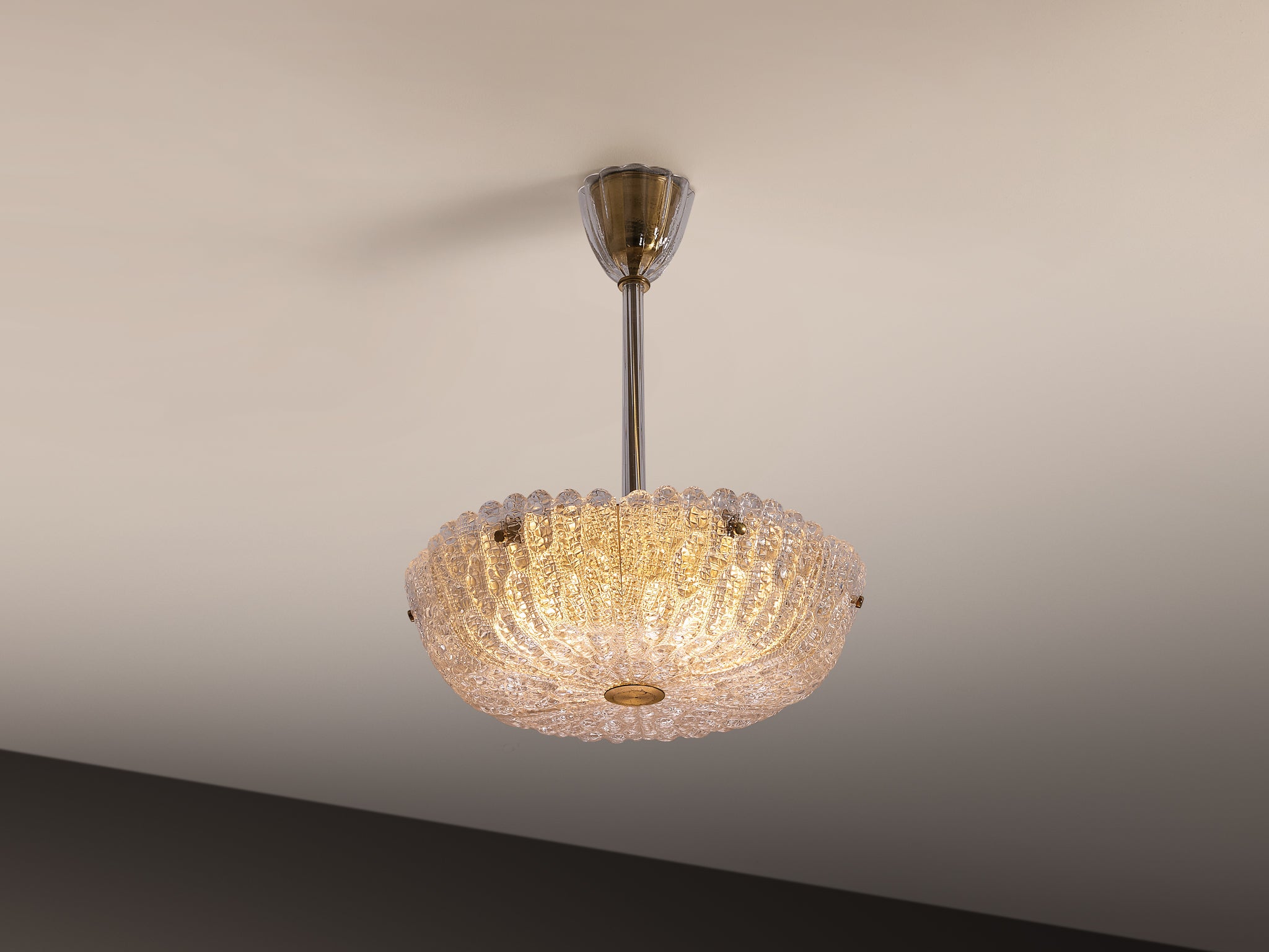 Carl Fagerlund for Orrefors Brass and Textured Glass Chandelier 1960s