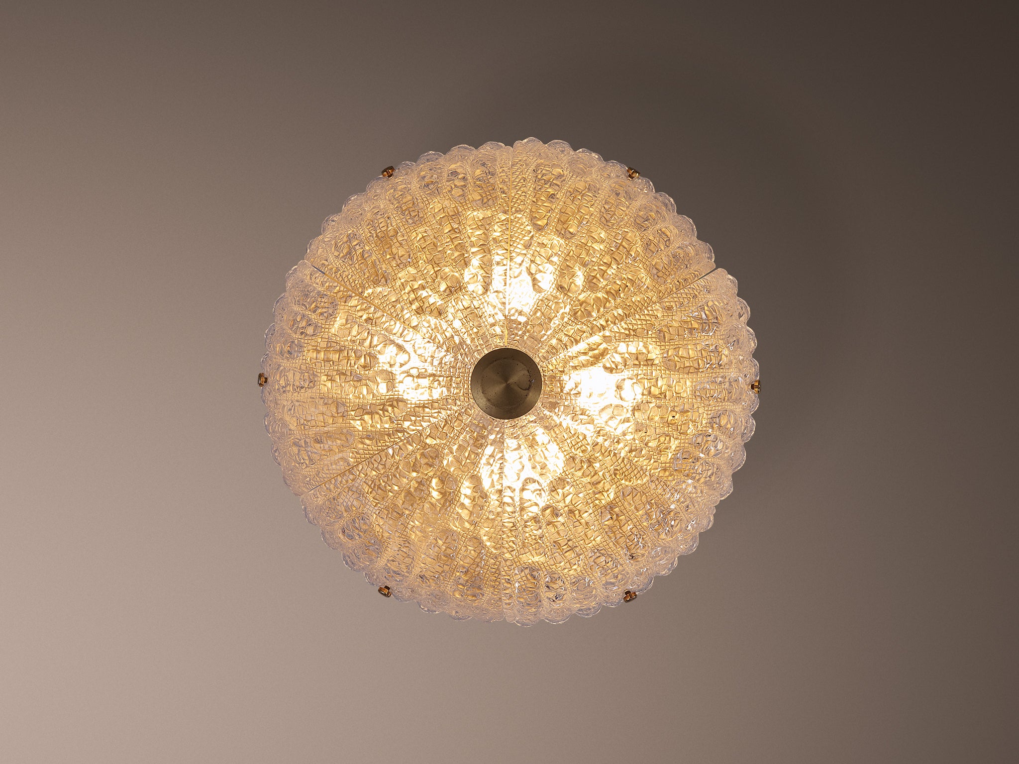 Carl Fagerlund for Orrefors Brass and Textured Glass Chandelier 1960s