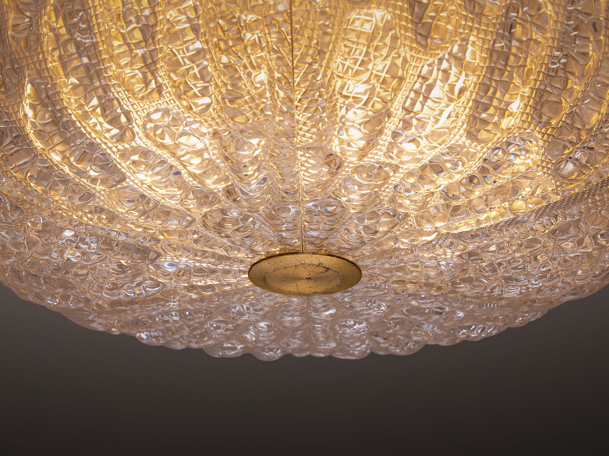Carl Fagerlund for Orrefors Brass and Textured Glass Chandelier 1960s