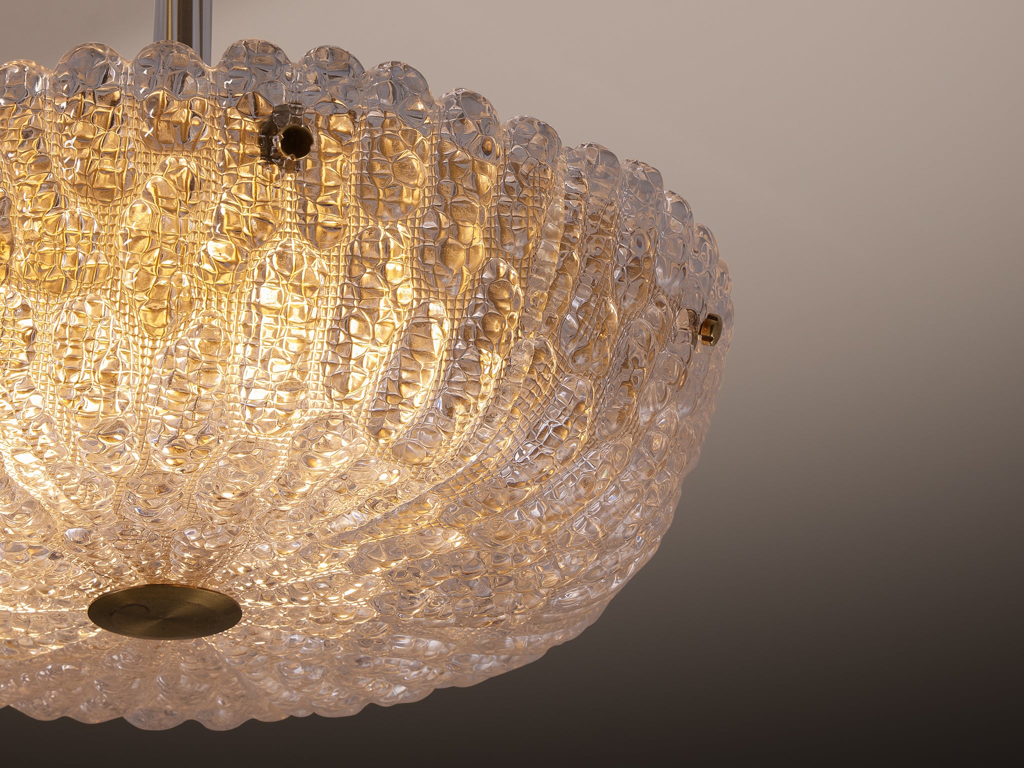 Carl Fagerlund for Orrefors Brass and Textured Glass Chandelier 1960s