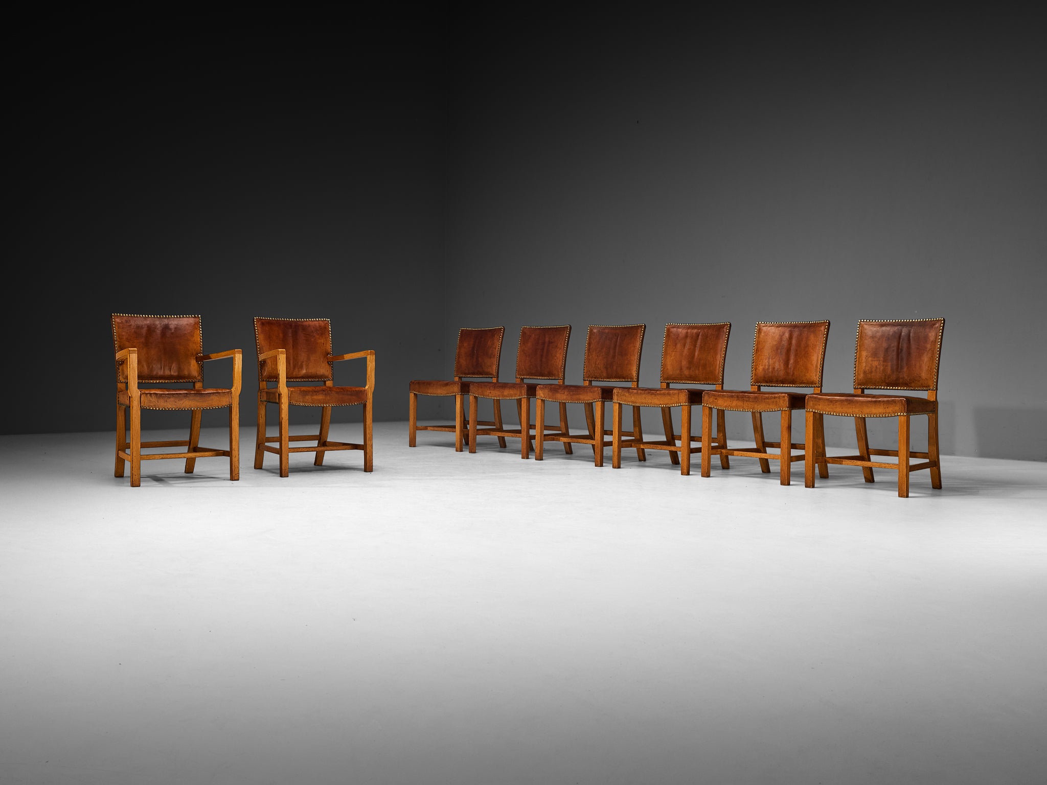 Jacob Kjaer Set of Eight Dining Chairs in Oak and Leather 1930s Seating Morentz