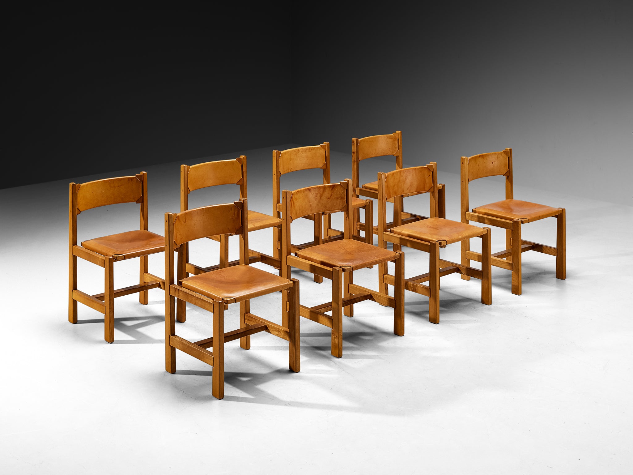 Maison Regain Set of Eight Dining Chairs in Solid Elm, Patinated Cognac Leather Seating Morentz