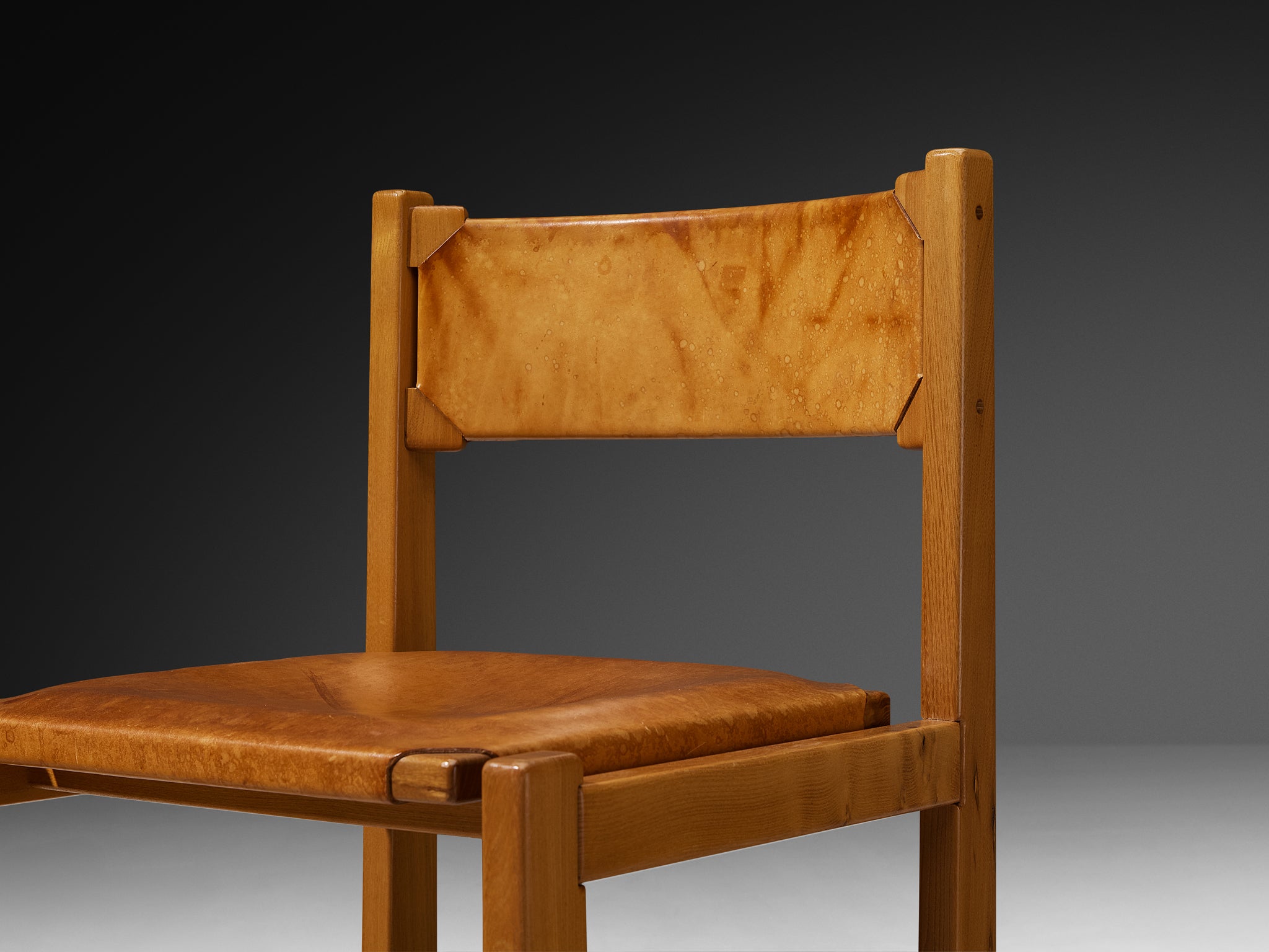 Maison Regain Set of Eight Dining Chairs in Solid Elm, Patinated Cognac Leather Seating Morentz