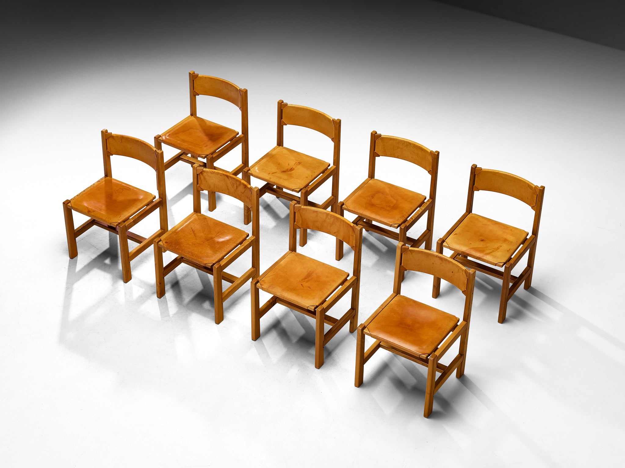 Maison Regain Set of Eight Dining Chairs in Solid Elm, Patinated Cognac Leather Seating Morentz