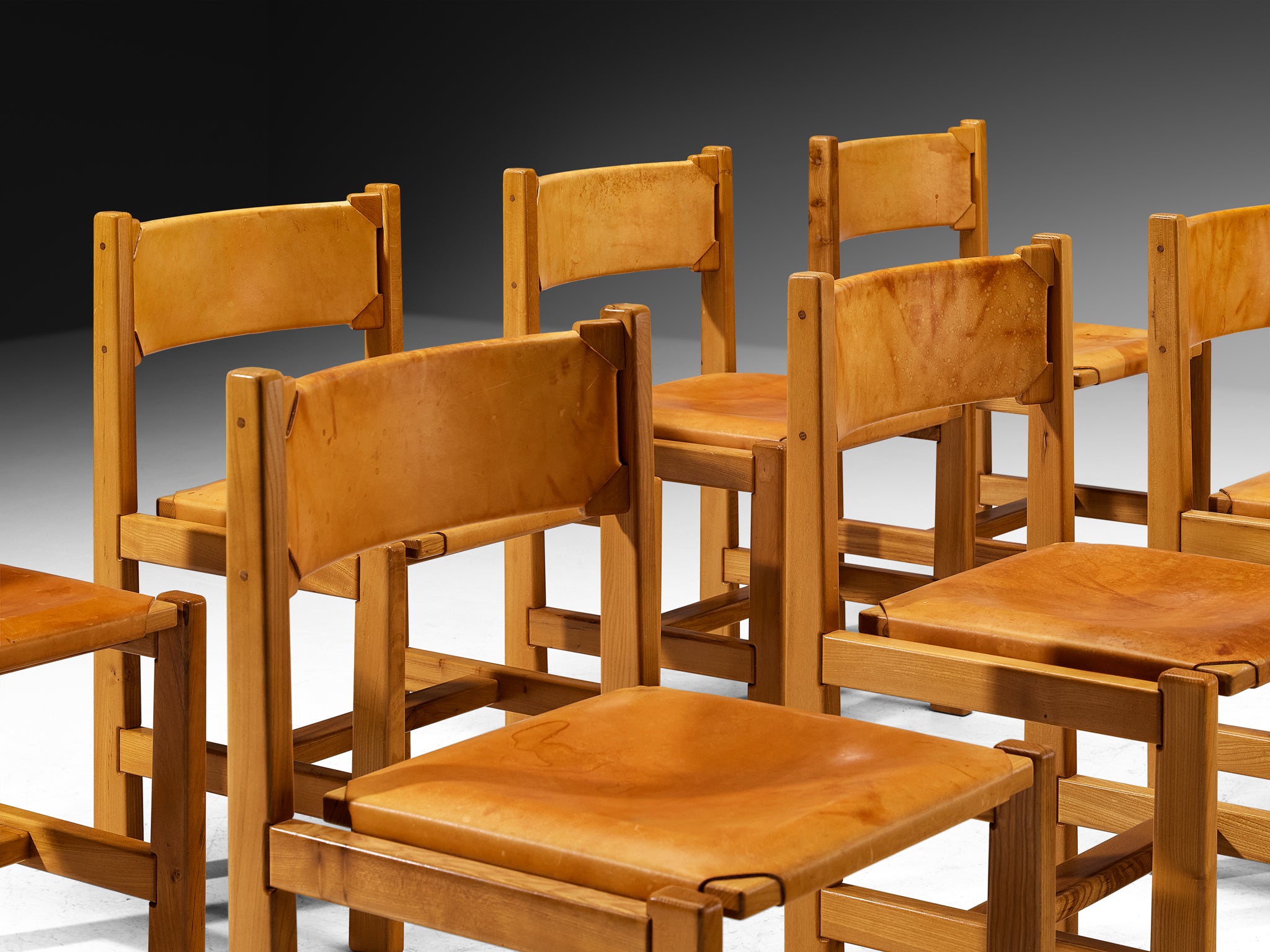Maison Regain Set of Eight Dining Chairs in Solid Elm, Patinated Cognac Leather Seating Morentz