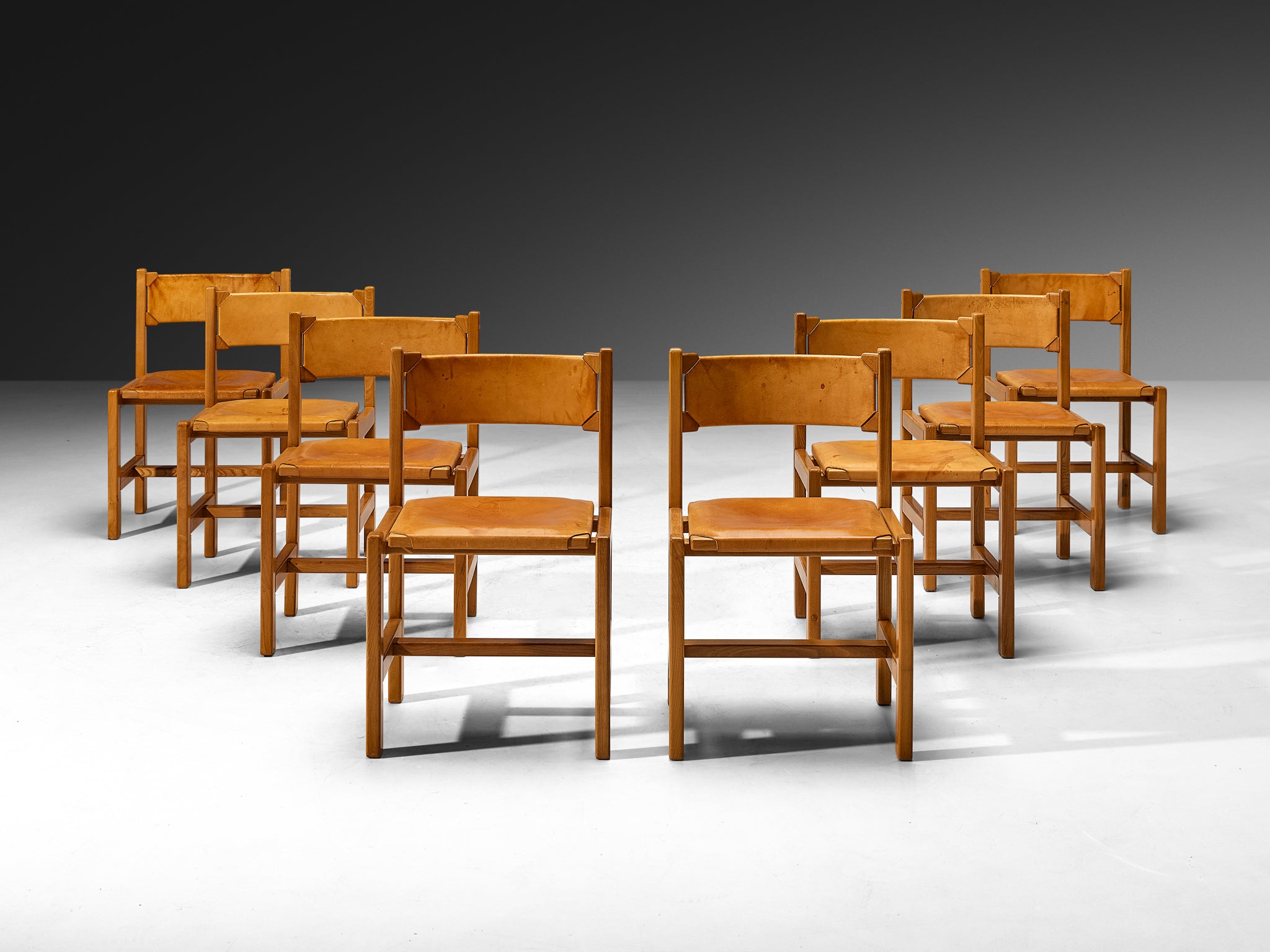 Maison Regain Set of Eight Dining Chairs in Solid Elm, Patinated Cognac Leather Seating Morentz