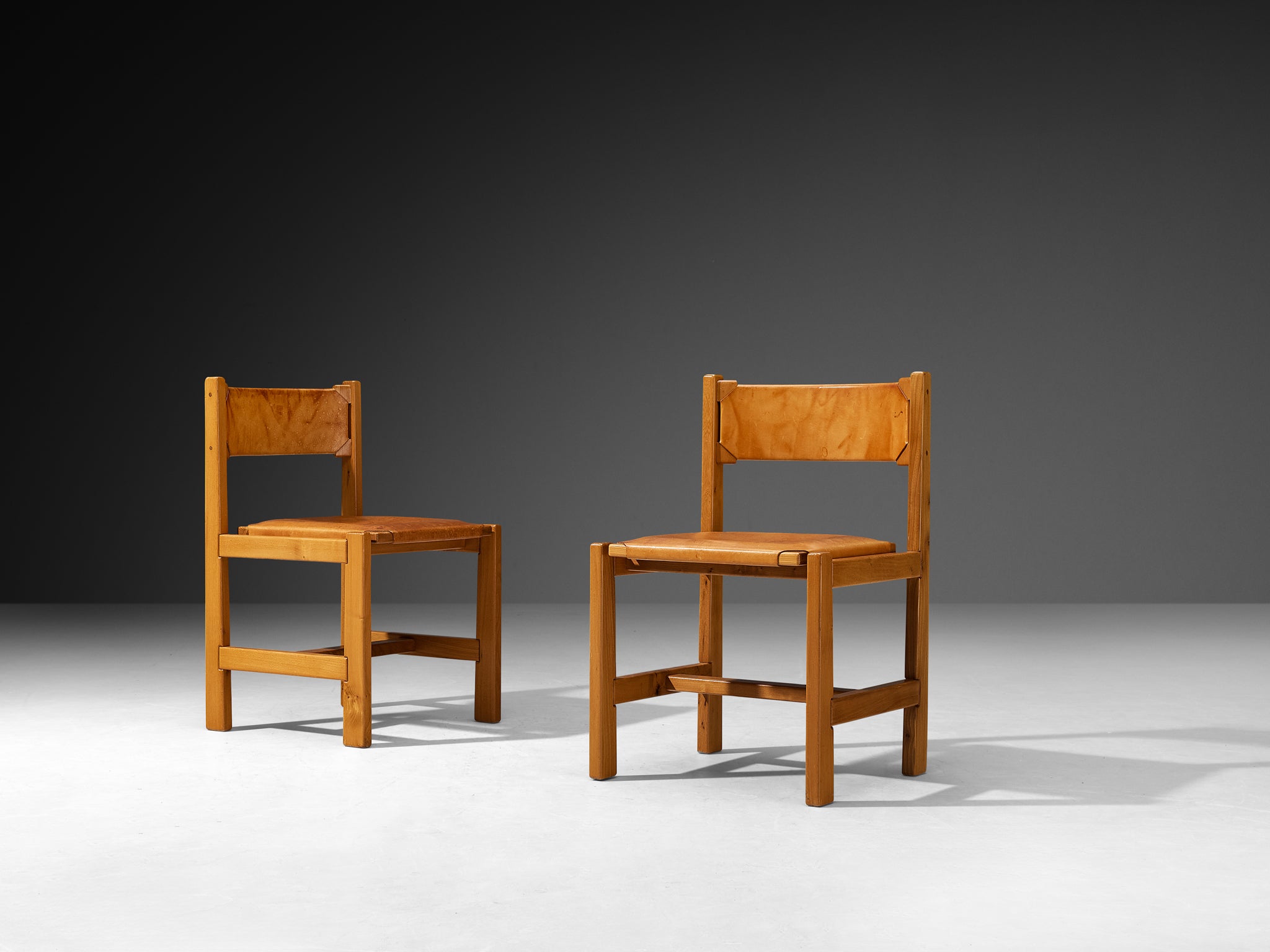 Maison Regain Set of Eight Dining Chairs in Solid Elm, Patinated Cognac Leather Seating Morentz