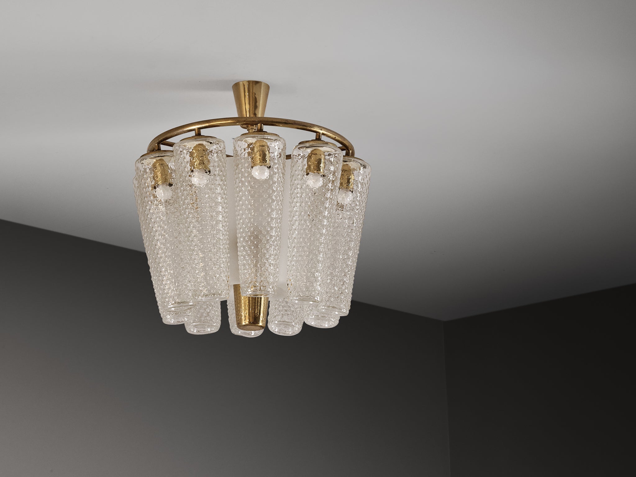 Lisa Johansson-Pape Large Chandelier in Brass, Textured Glass 1950s 67cm/26.38in Lighting Morentz