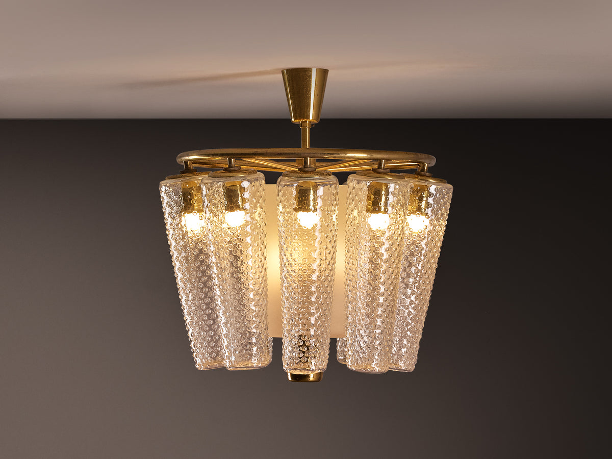 Lisa Johansson-Pape Large Chandelier in Brass, Textured Glass 1950s 67cm/26.38in Lighting Morentz