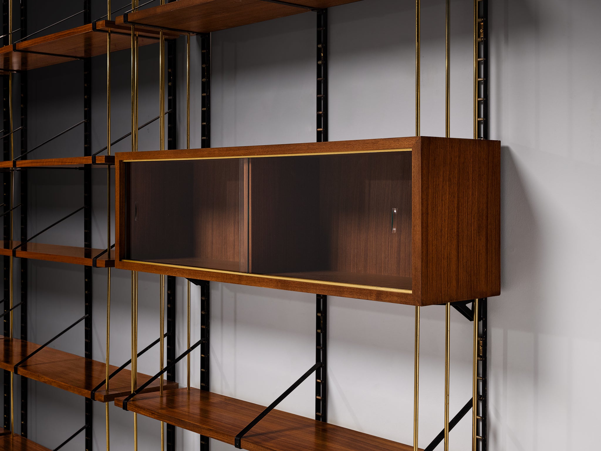 Large Italian Modular Wall Unit in Walnut, Brass and Steel 1960s Width 311cm/122in