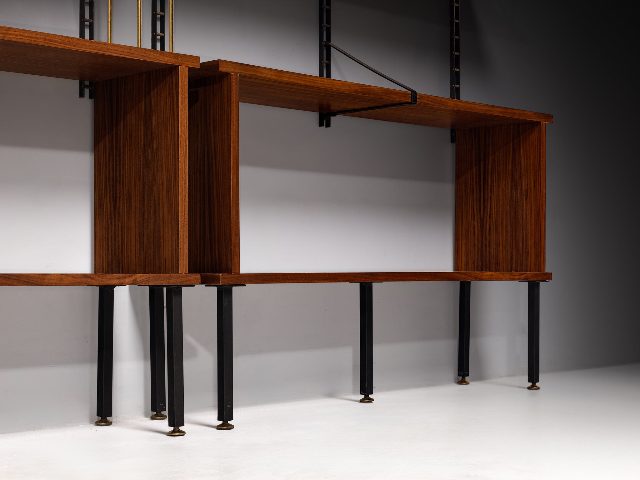 Large Italian Modular Wall Unit in Walnut, Brass and Steel 1960s Width 311cm/122in