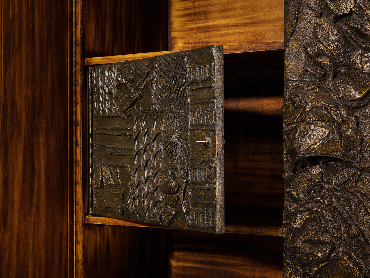 Paul Evans for Directional Large-Scaled Wall-Mounted 'PE 122' Bar Cabinet in Sculpted Bronze Case pieces and storage cabinets Morentz