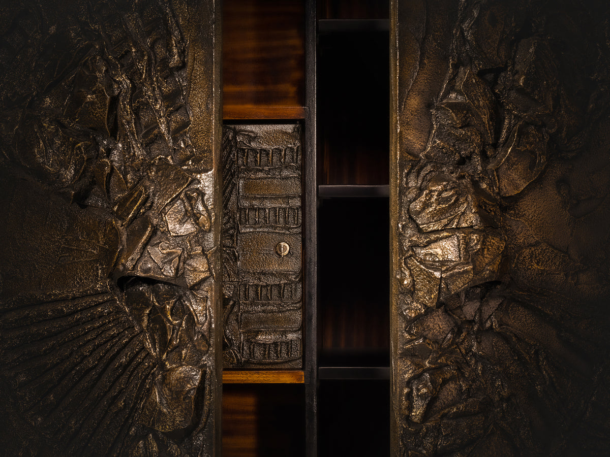 Paul Evans for Directional Large-Scaled Wall-Mounted 'PE 122' Bar Cabinet in Sculpted Bronze Case pieces and storage cabinets Morentz