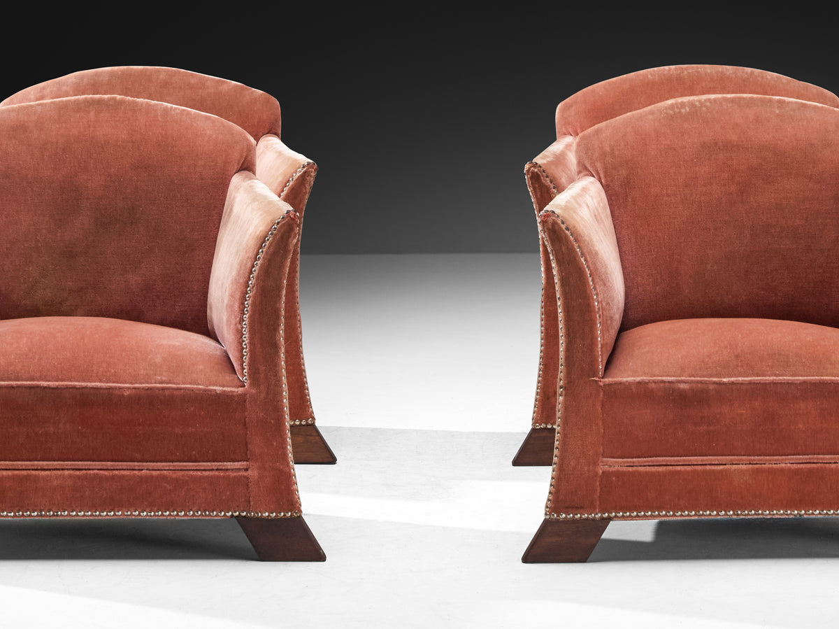 Art Deco Elegant Lounge Chairs in Pink Velvet Metal Studs and Wooden Feet Seating Morentz