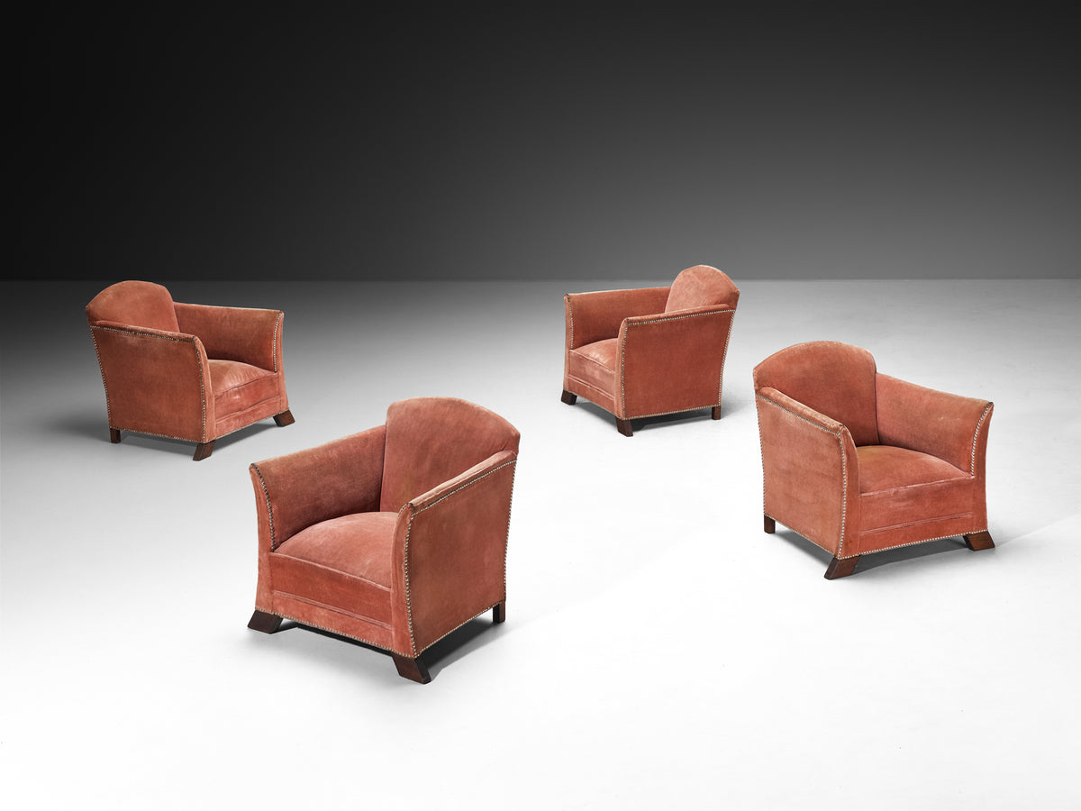 Art Deco Elegant Lounge Chairs in Pink Velvet Metal Studs and Wooden Feet Seating Morentz