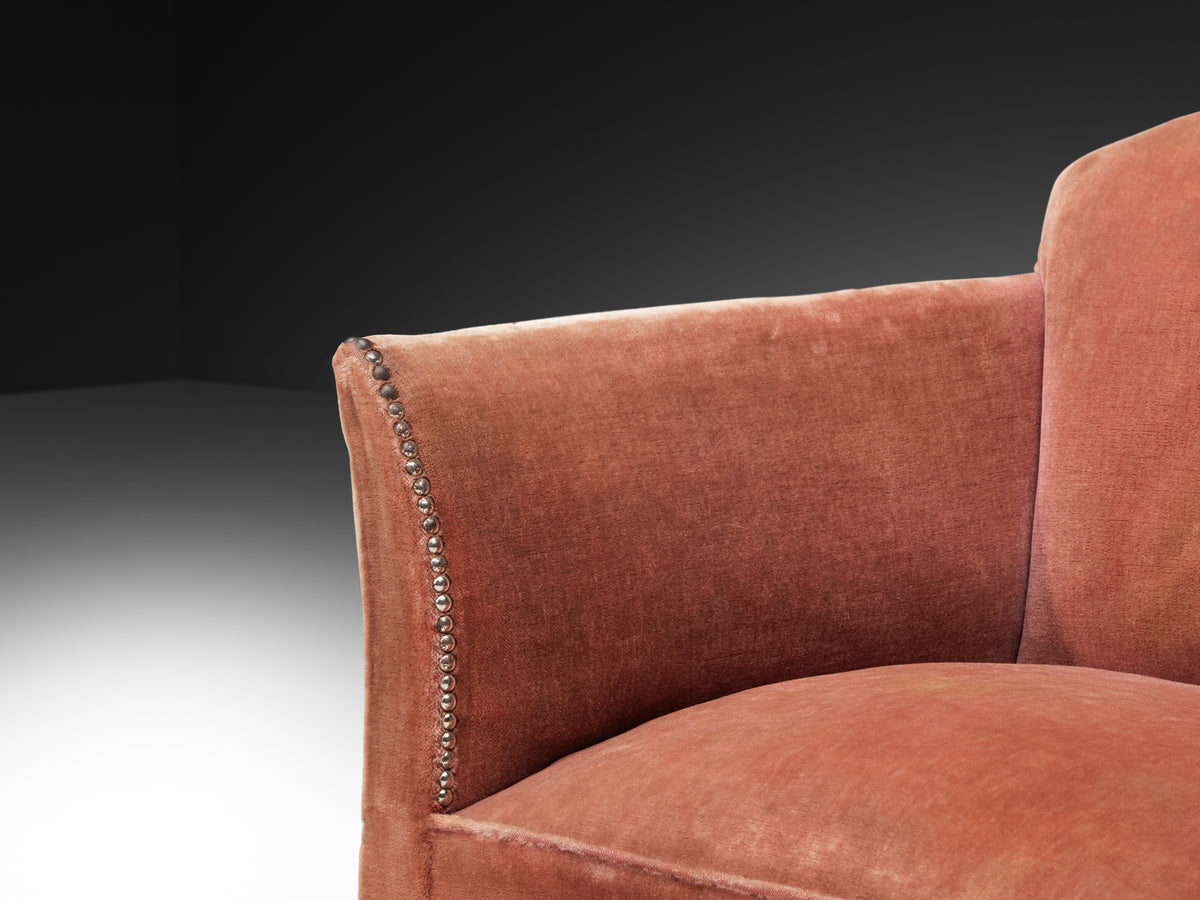 Art Deco Elegant Lounge Chairs in Pink Velvet Metal Studs and Wooden Feet Seating Morentz