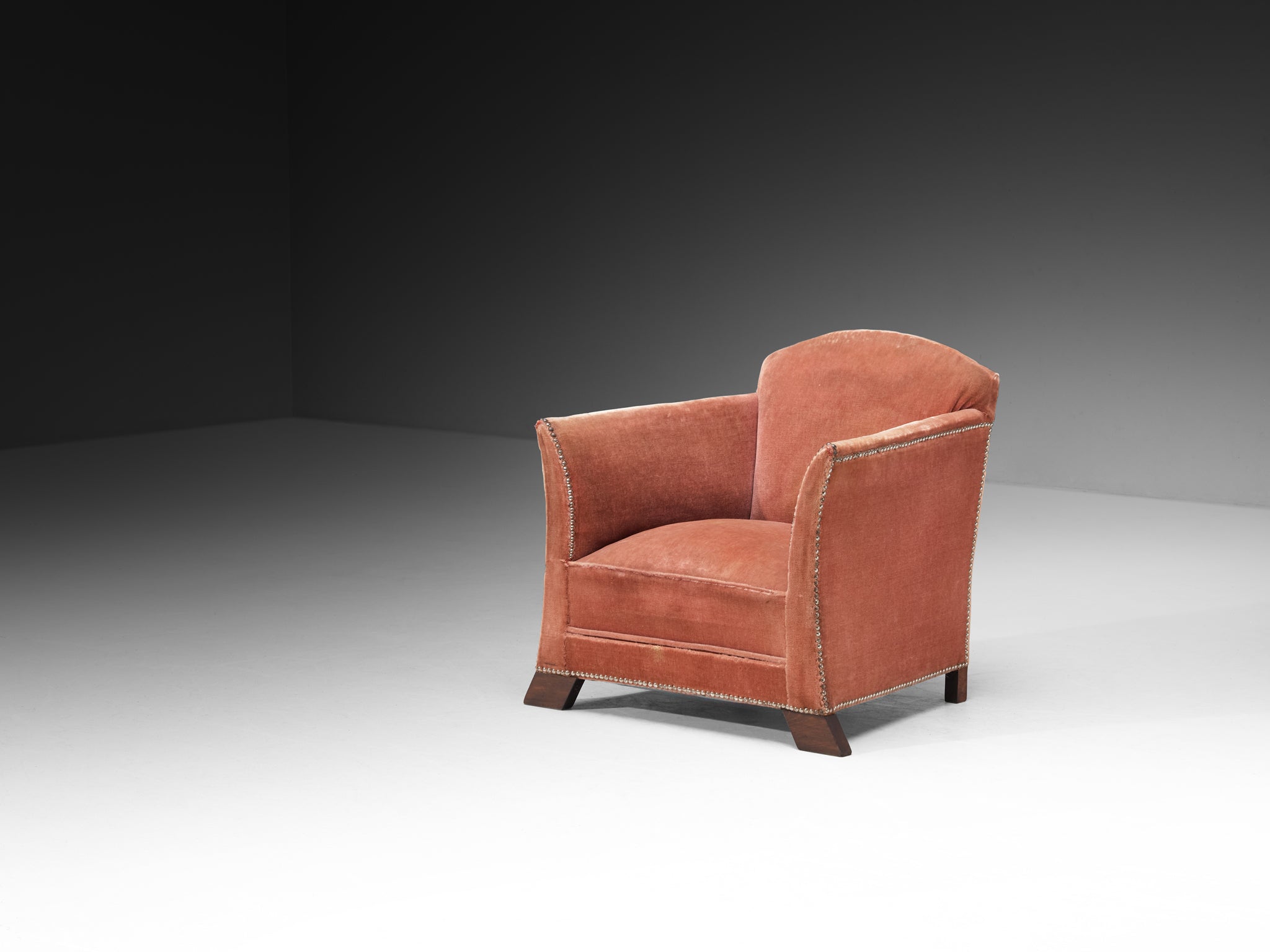 Art Deco Elegant Lounge Chairs in Pink Velvet Metal Studs and Wooden Feet Seating Morentz