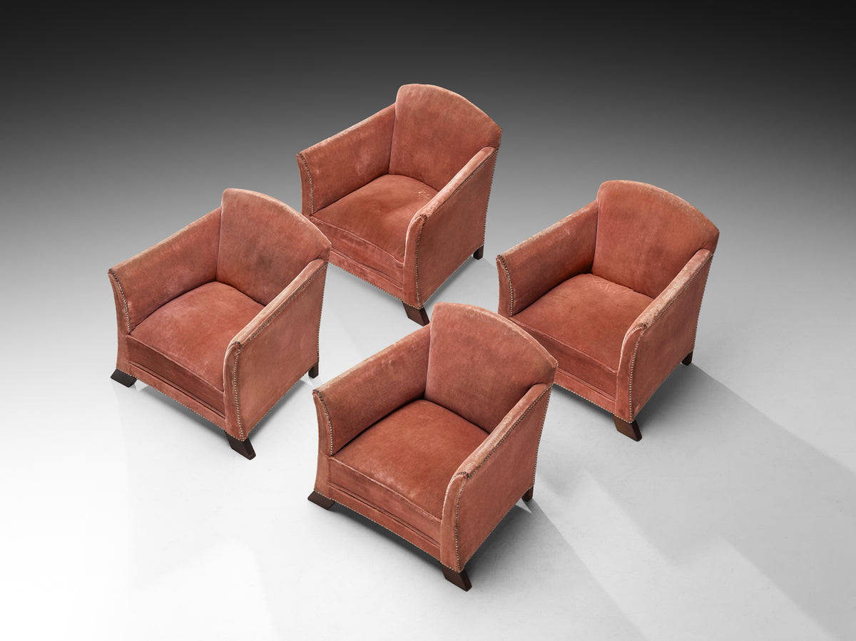 Art Deco Elegant Lounge Chairs in Pink Velvet Metal Studs and Wooden Feet Seating Morentz