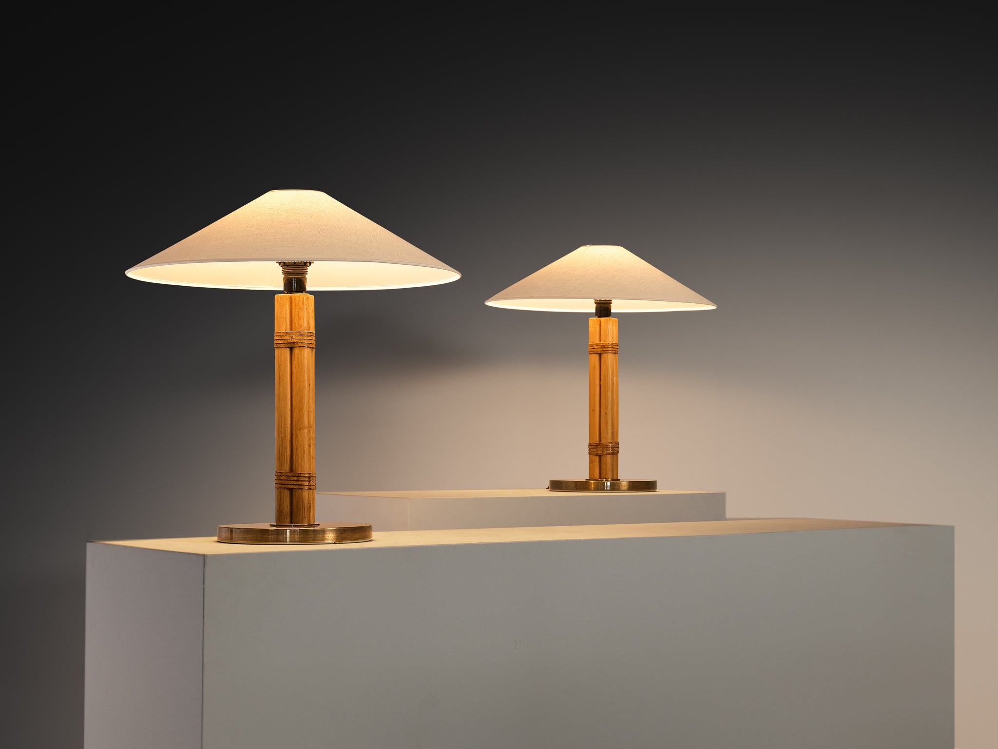 Bergboms Pair of 'B-105' Table Lamps in Bamboo Brass and Fabric Shades Lighting Morentz