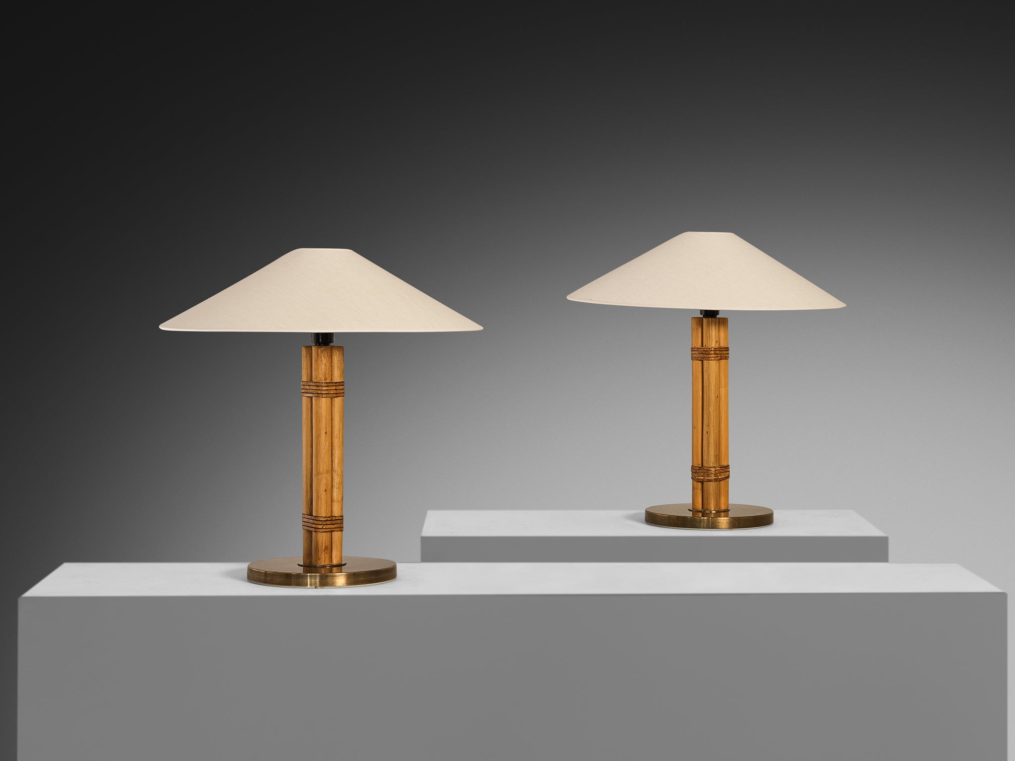 Bergboms Pair of 'B-105' Table Lamps in Bamboo Brass and Fabric Shades Lighting Morentz