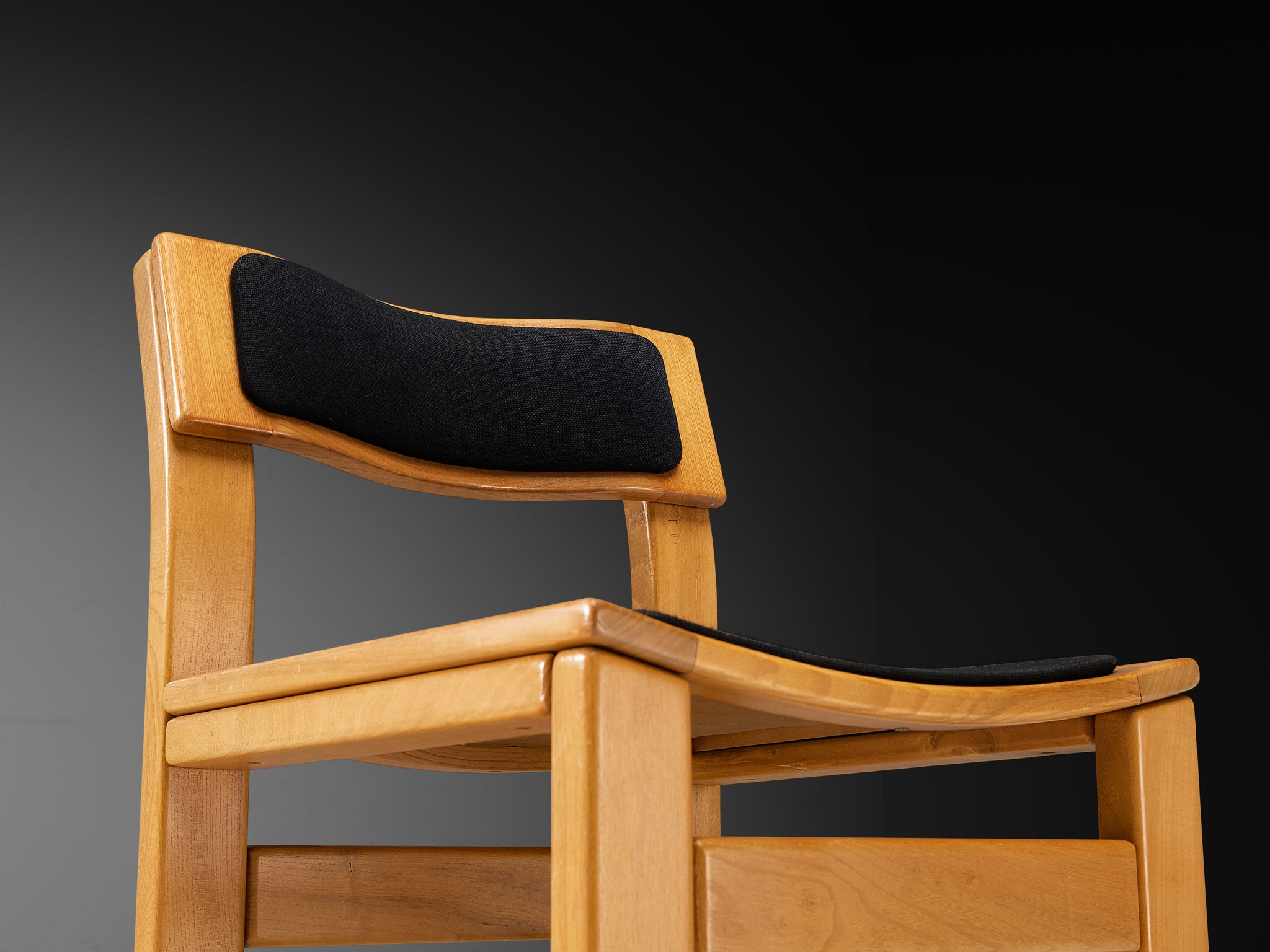 Set of Four French Postmodern Dining Chairs in Elm and Black Upholstery Seating Morentz