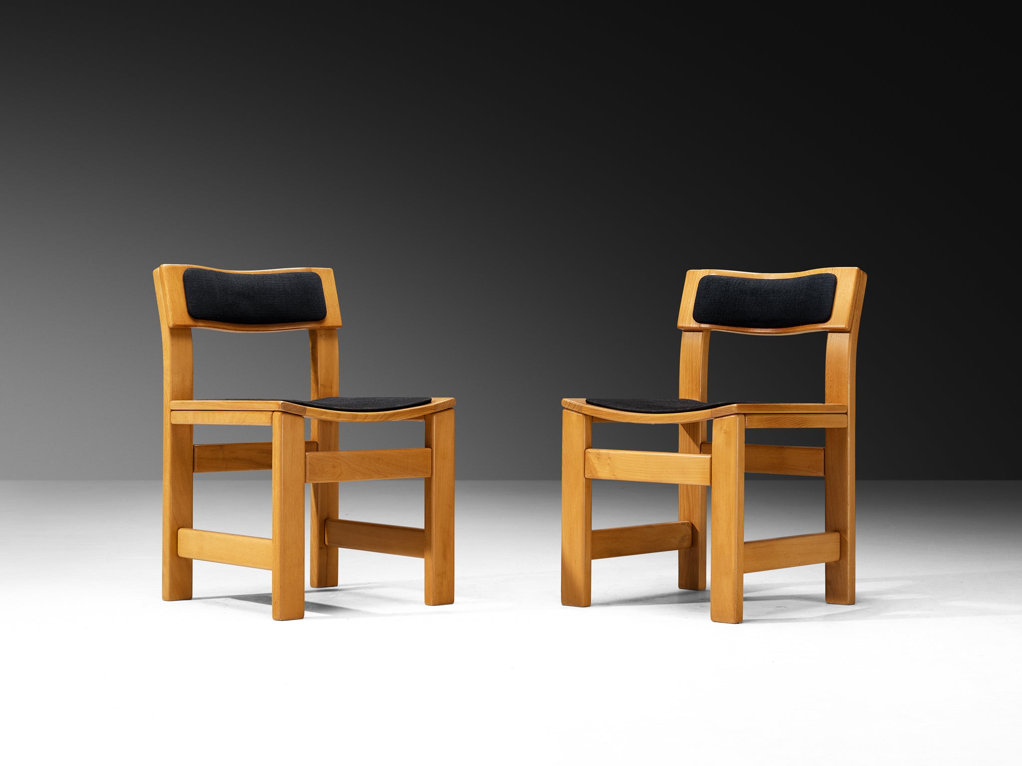 Set of Four French Postmodern Dining Chairs in Elm and Black Upholstery Seating Morentz