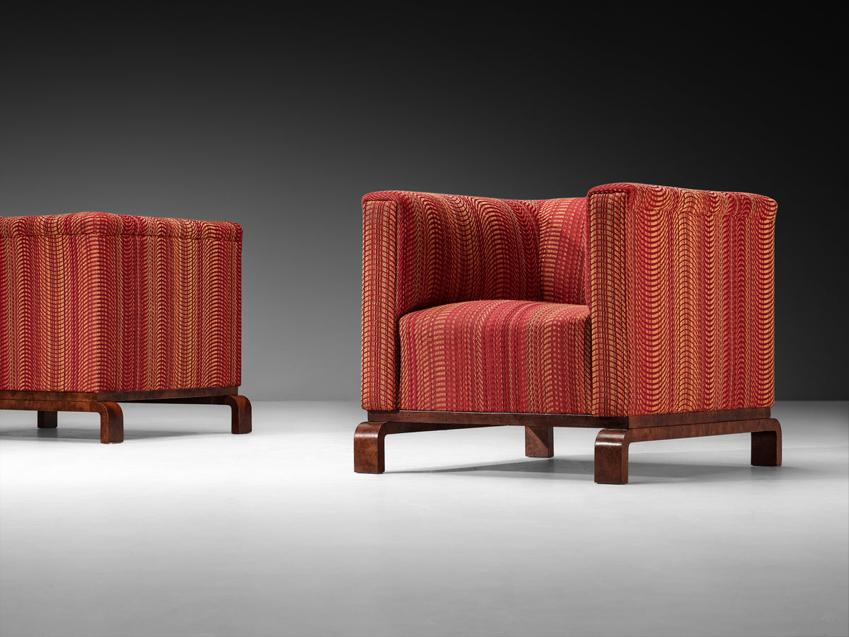 Pair of Italian 1930s Art Deco Lounge Chairs with Arched Feet in Walnut Burl Seating Morentz