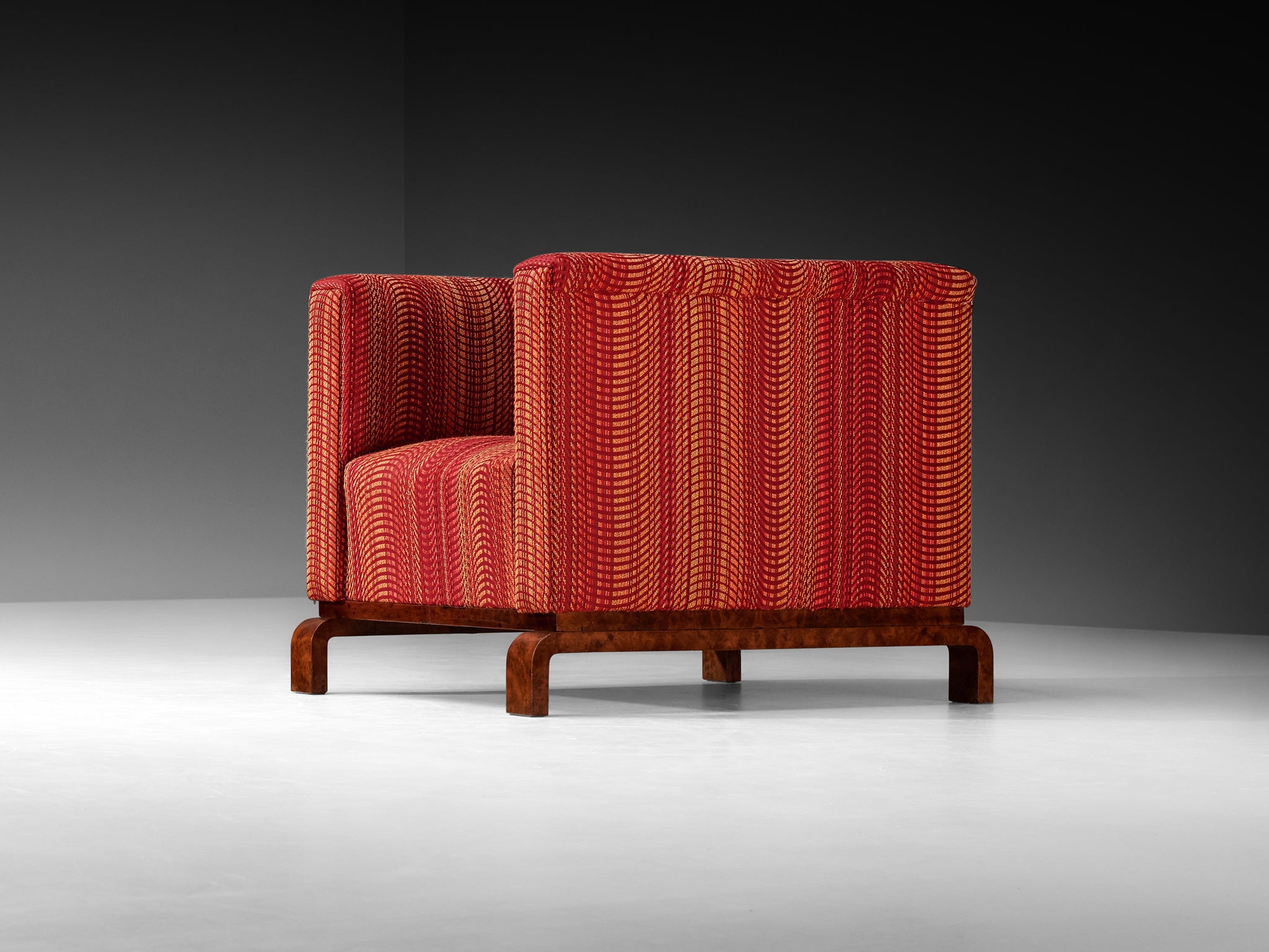 Pair of Italian 1930s Art Deco Lounge Chairs with Arched Feet in Walnut Burl Seating Morentz