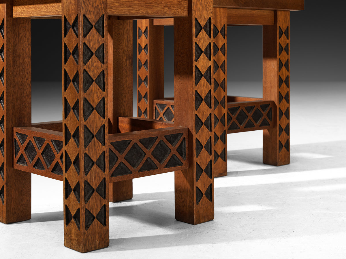 Giordano Righini Mid-Century Large Dining Set in Carved Meranti Tables Morentz