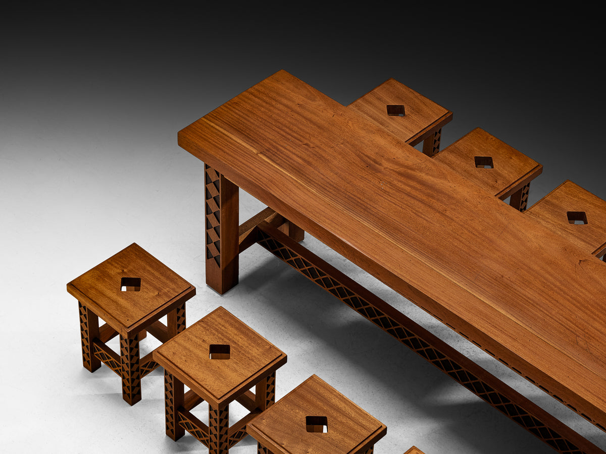 Giordano Righini Mid-Century Large Dining Set in Carved Meranti Tables Morentz