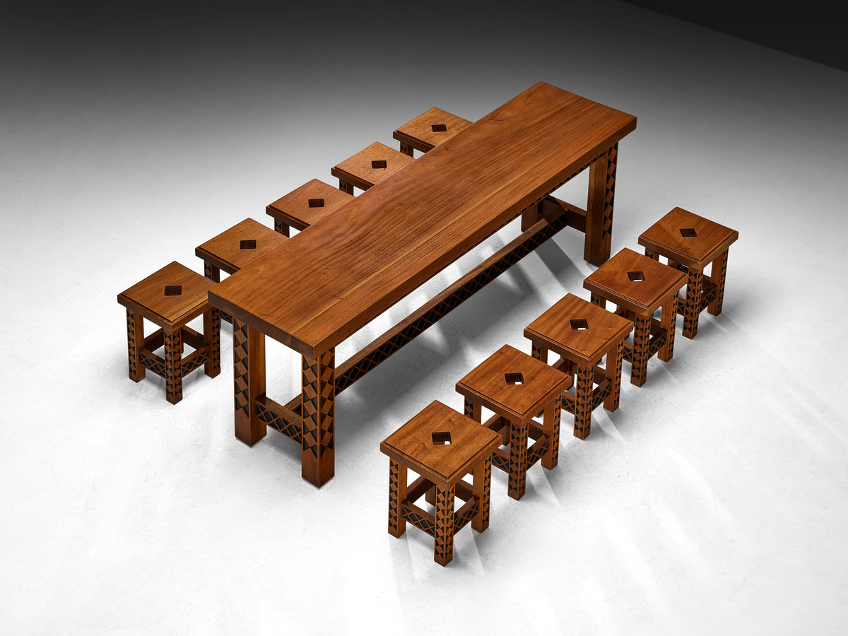 Giordano Righini Mid-Century Large Dining Set in Carved Meranti Tables Morentz