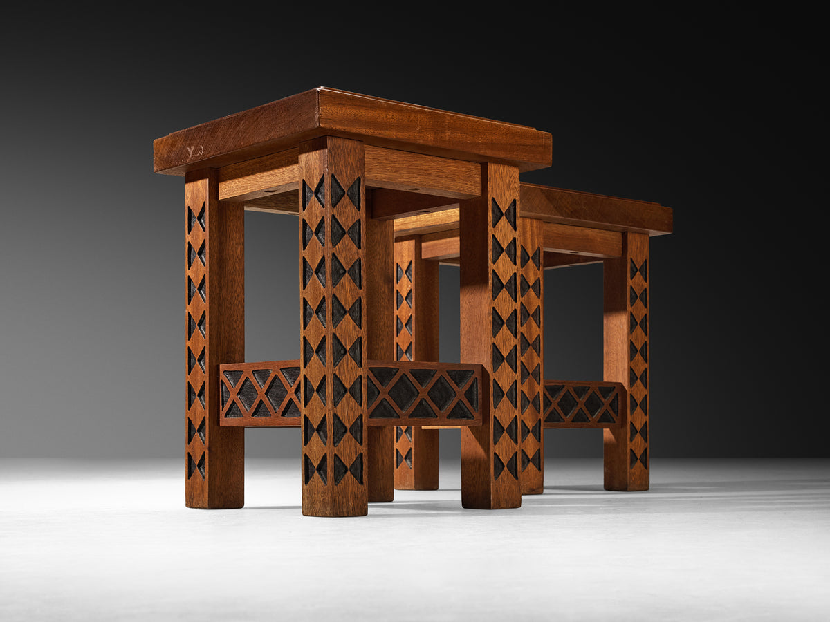Giordano Righini Mid-Century Large Dining Set in Carved Meranti Tables Morentz
