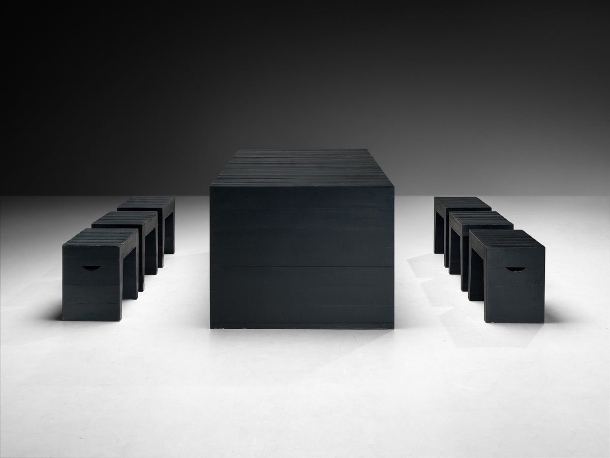 Jan de Jong Rare Custom Table and Stools in Dark Green Lacquered Wood Tables Morentz