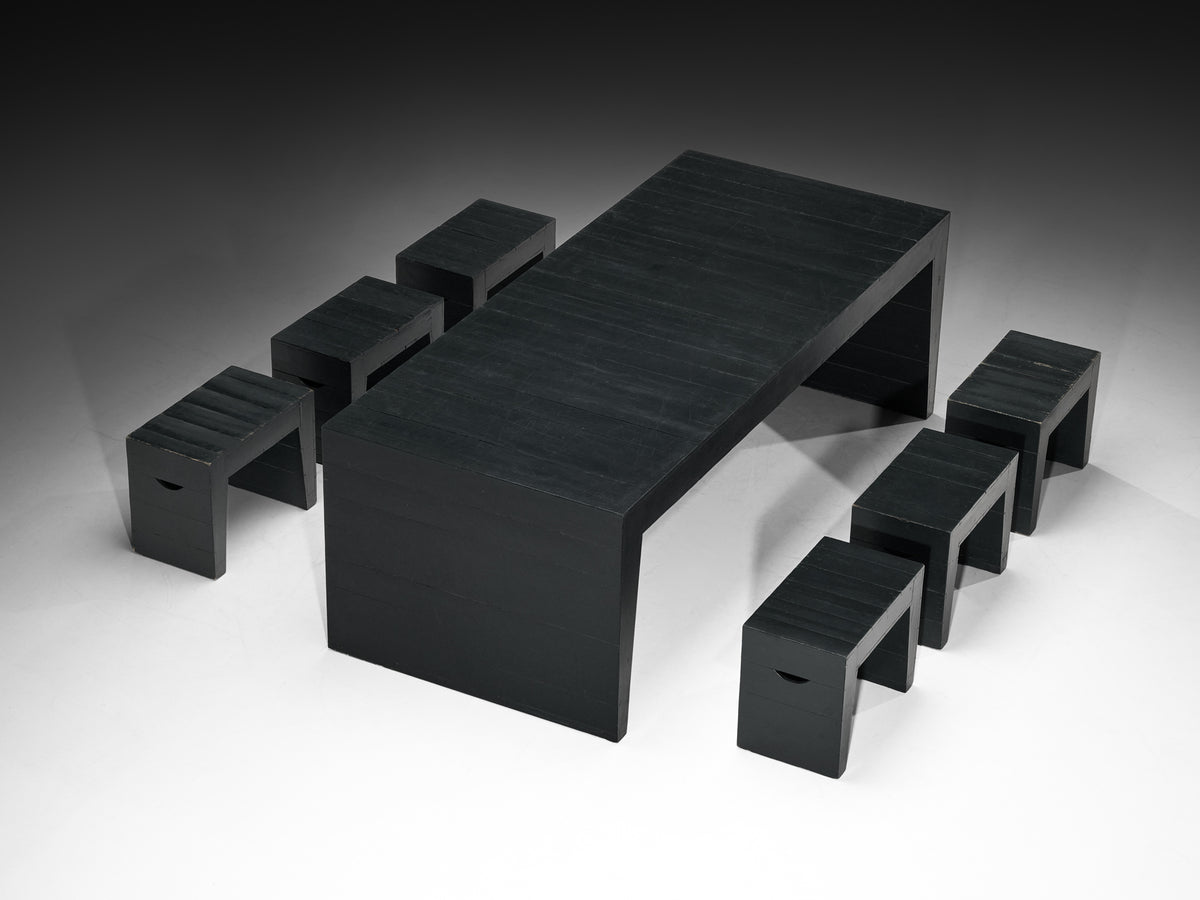Jan de Jong Rare Custom Table and Stools in Dark Green Lacquered Wood Tables Morentz