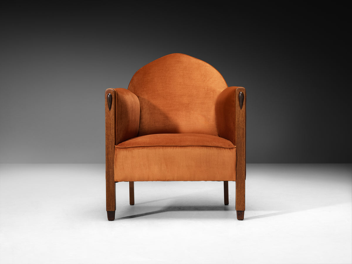 Art Deco Armchairs in Oak with Sculptural Pointed Backs In Burnt Pierre Frey Orange Velvet Seating Morentz