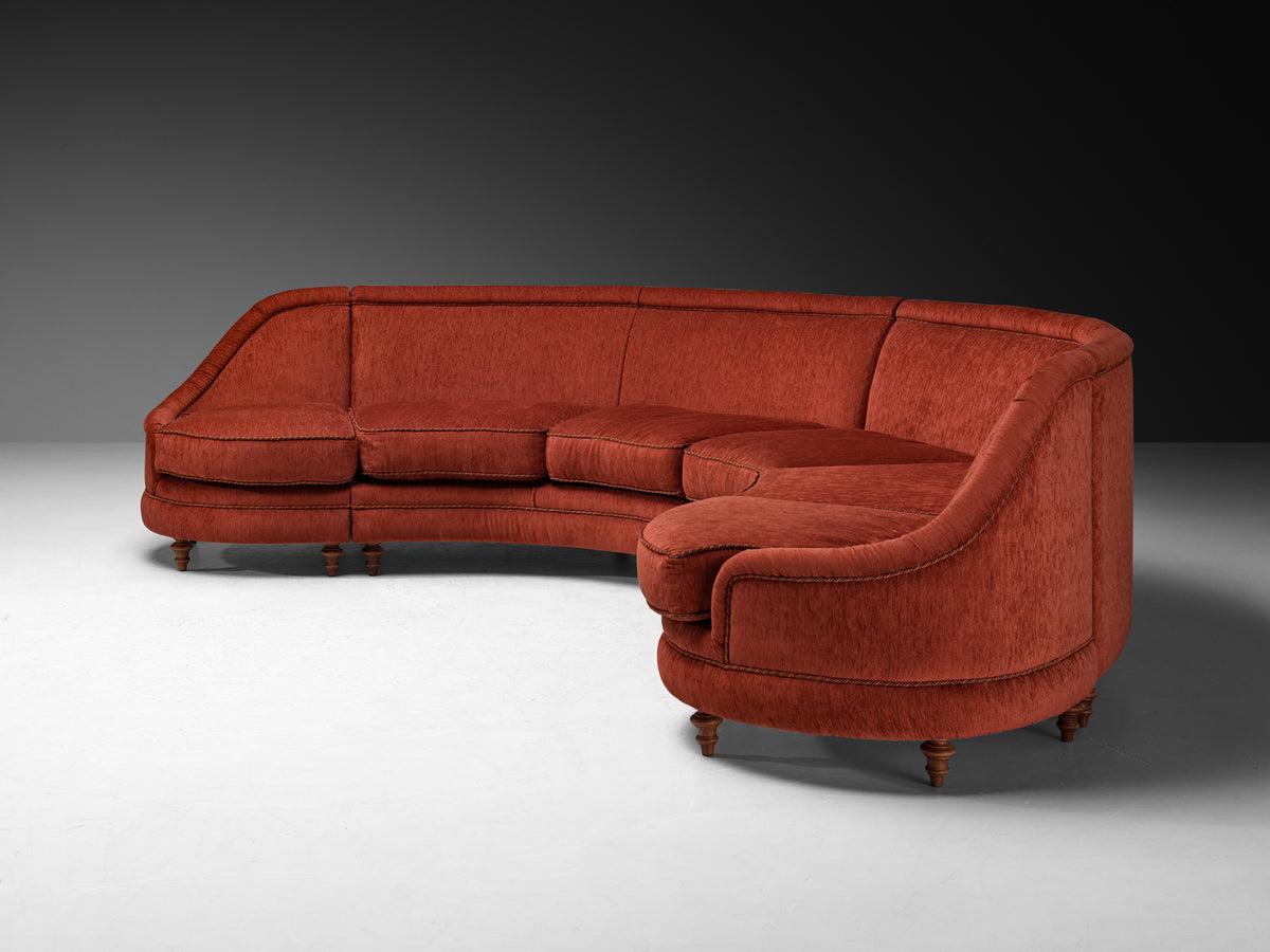 Large Mid-Century Italian Curved Six Seat Sofa in Rust Red Upholstery Seating Morentz