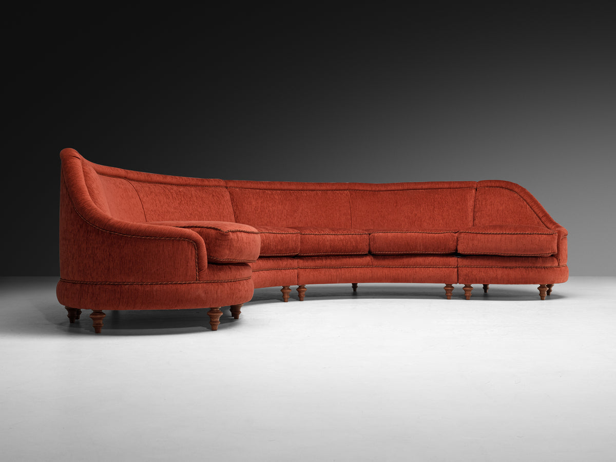 Large Mid-Century Italian Curved Six Seat Sofa in Rust Red Upholstery Seating Morentz
