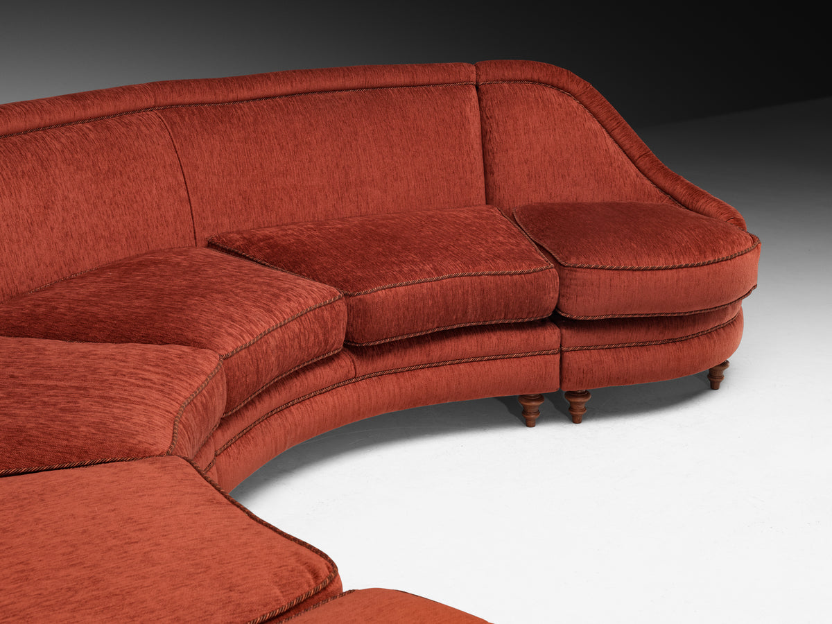 Large Mid-Century Italian Curved Six Seat Sofa in Rust Red Upholstery Seating Morentz