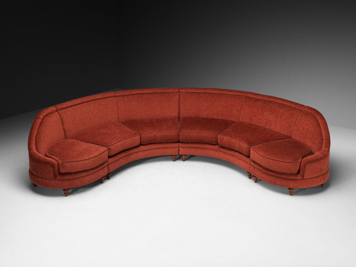 Large Mid-Century Italian Curved Six Seat Sofa in Rust Red Upholstery Seating Morentz