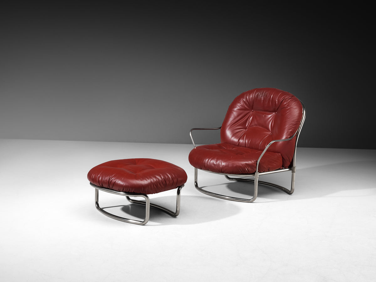 Carlo De Carli for Cinova '915' Lounge Chair and Ottoman in Burgundy Red Leather Seating Morentz