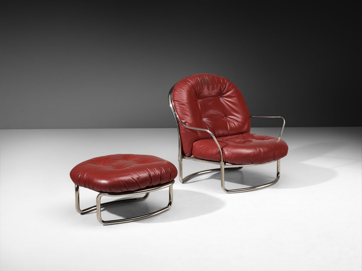 Carlo De Carli for Cinova '915' Lounge Chair and Ottoman in Burgundy Red Leather Seating Morentz