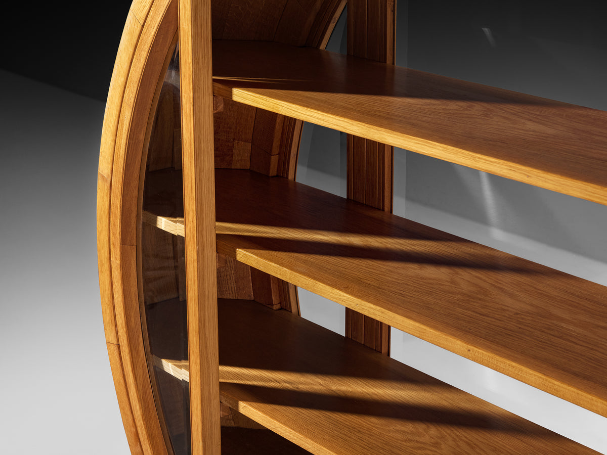 Giuseppe Rivadossi Unique Large Freestanding Round Display Cabinet in Sculpted Oak Case pieces and storage cabinets Morentz