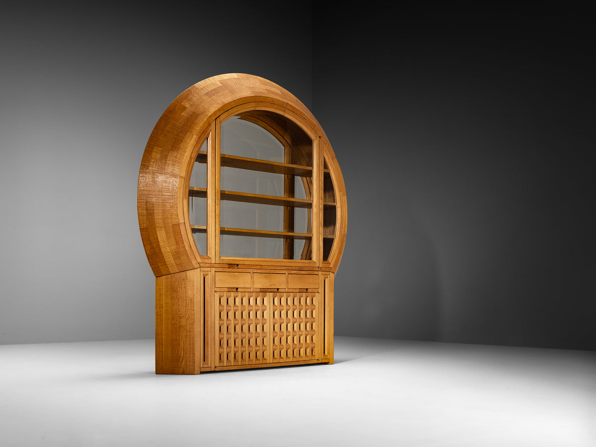 Giuseppe Rivadossi Unique Large Freestanding Round Display Cabinet in Sculpted Oak Case pieces and storage cabinets Morentz