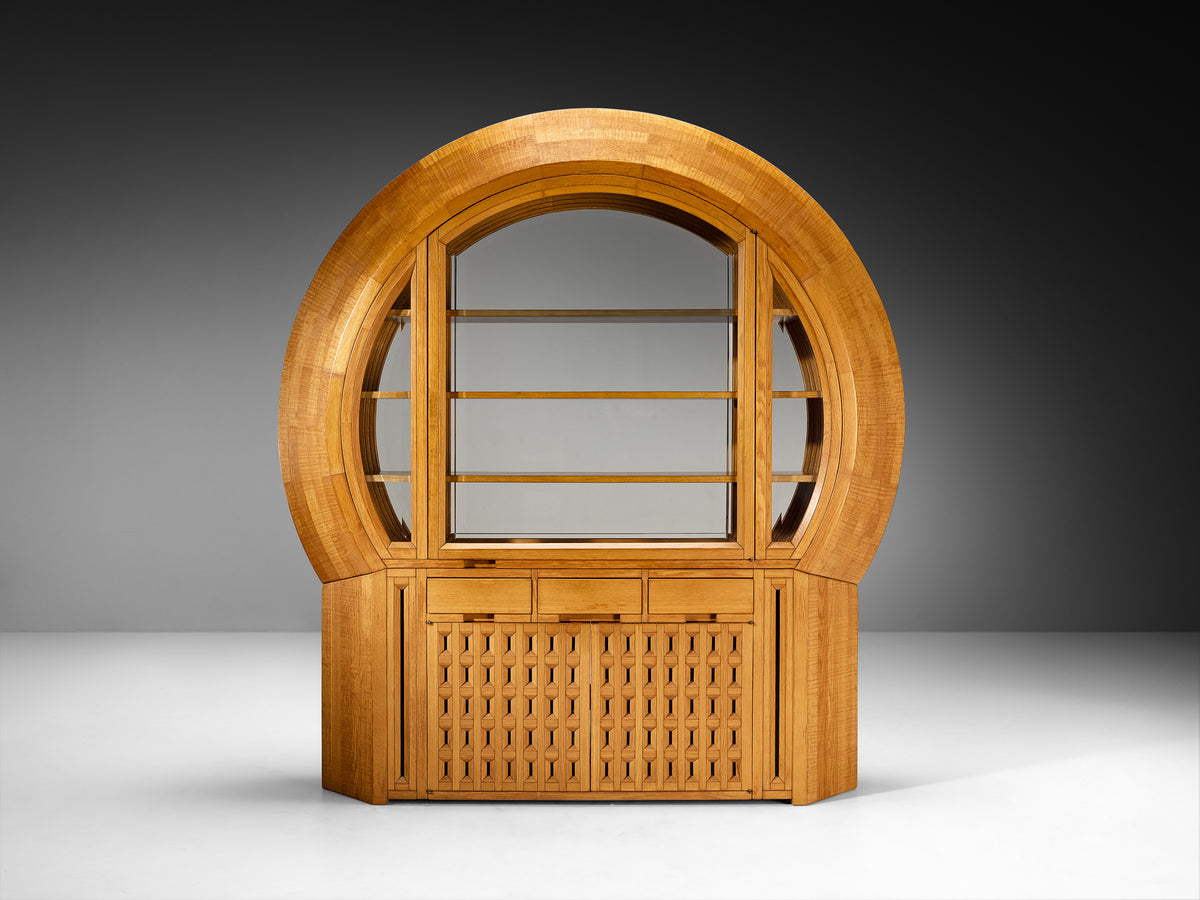 Giuseppe Rivadossi Unique Large Freestanding Round Display Cabinet in Sculpted Oak Case pieces and storage cabinets Morentz